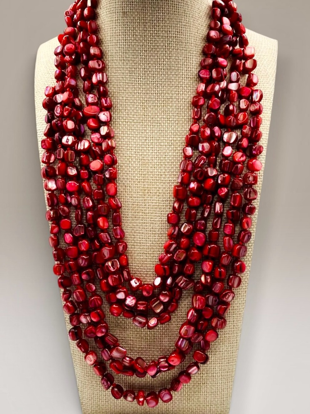 Vintage Multi Strand Red Mother of Pearl MOP Coin Bead Statement Necklace Estate